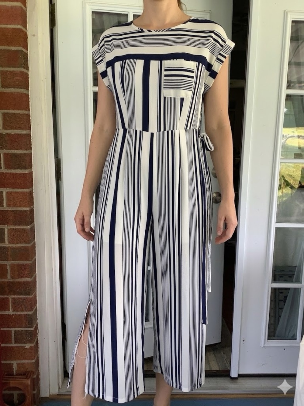 Monteau Navy & White Striped Wide-Leg Jumpsuit